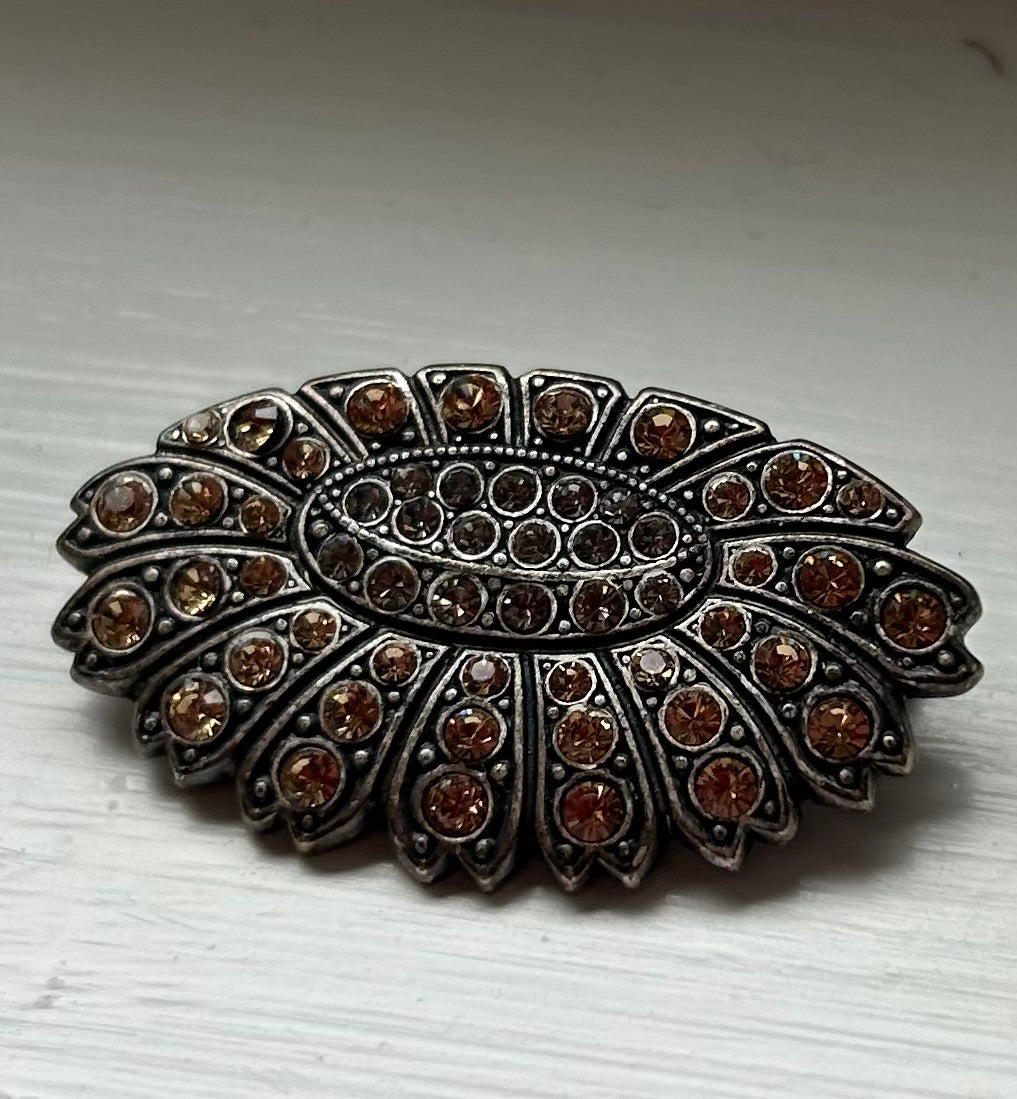 Vintage Sunflower Brooch Brown Crystals.