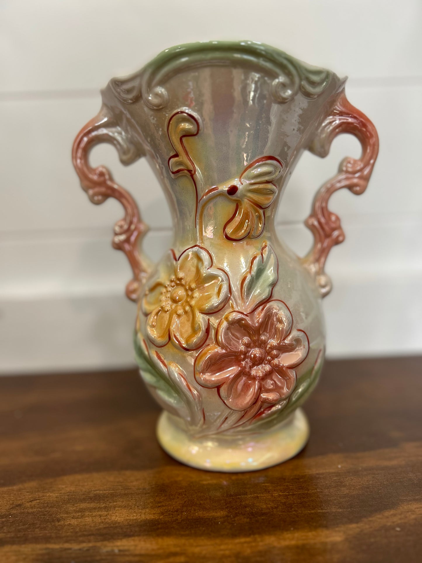 Floral Pearlized Opalescent Lusterware 8" Vase Made in Brazil #1925