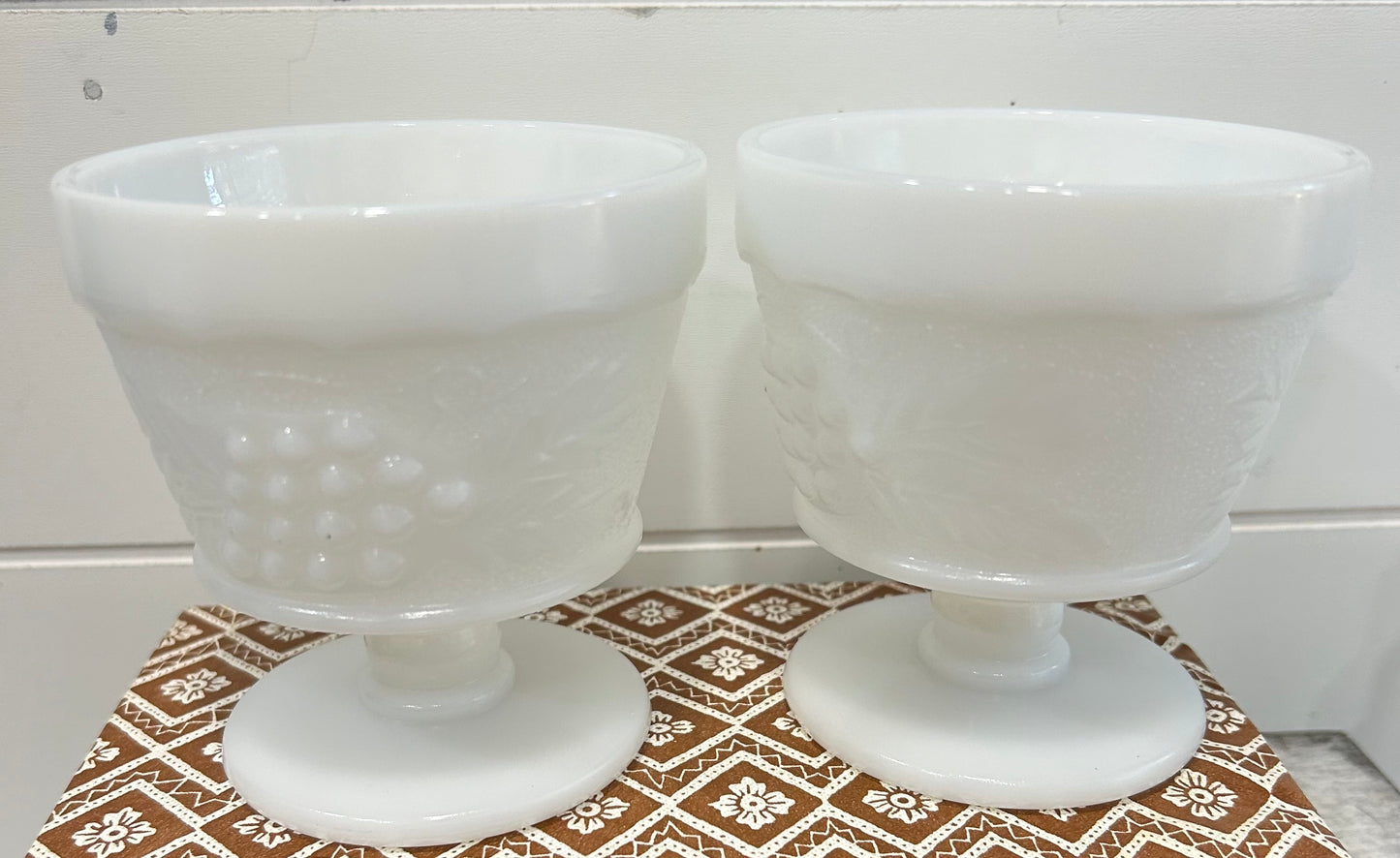 2 Vintage Anchor Hocking Milk Glass Footed Sherbet / Dessert Dish, Grape Pattern