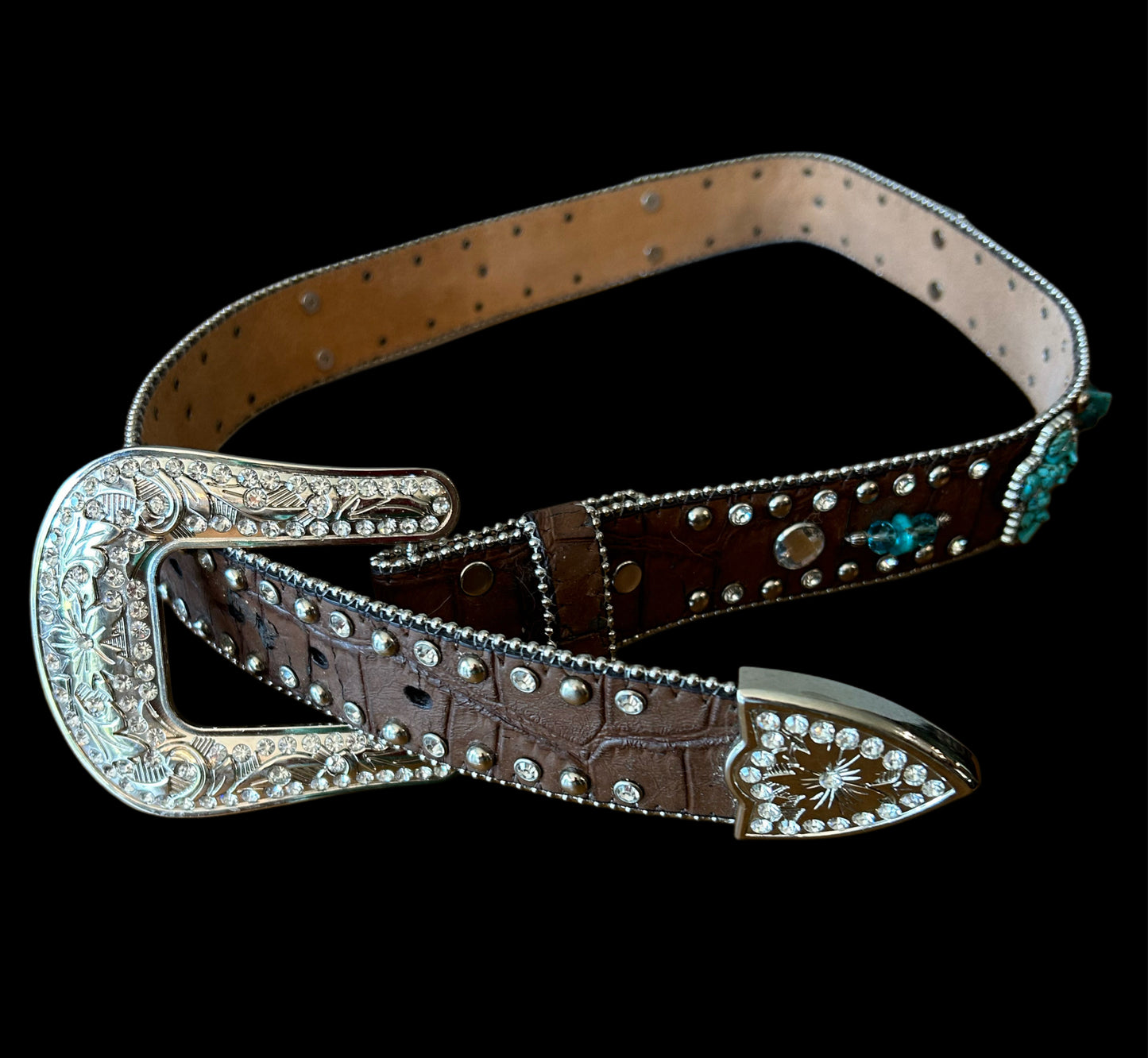 Nocona Western Brown Leather Croc Print Belt Rhinestones & Turquoise Women 34-35