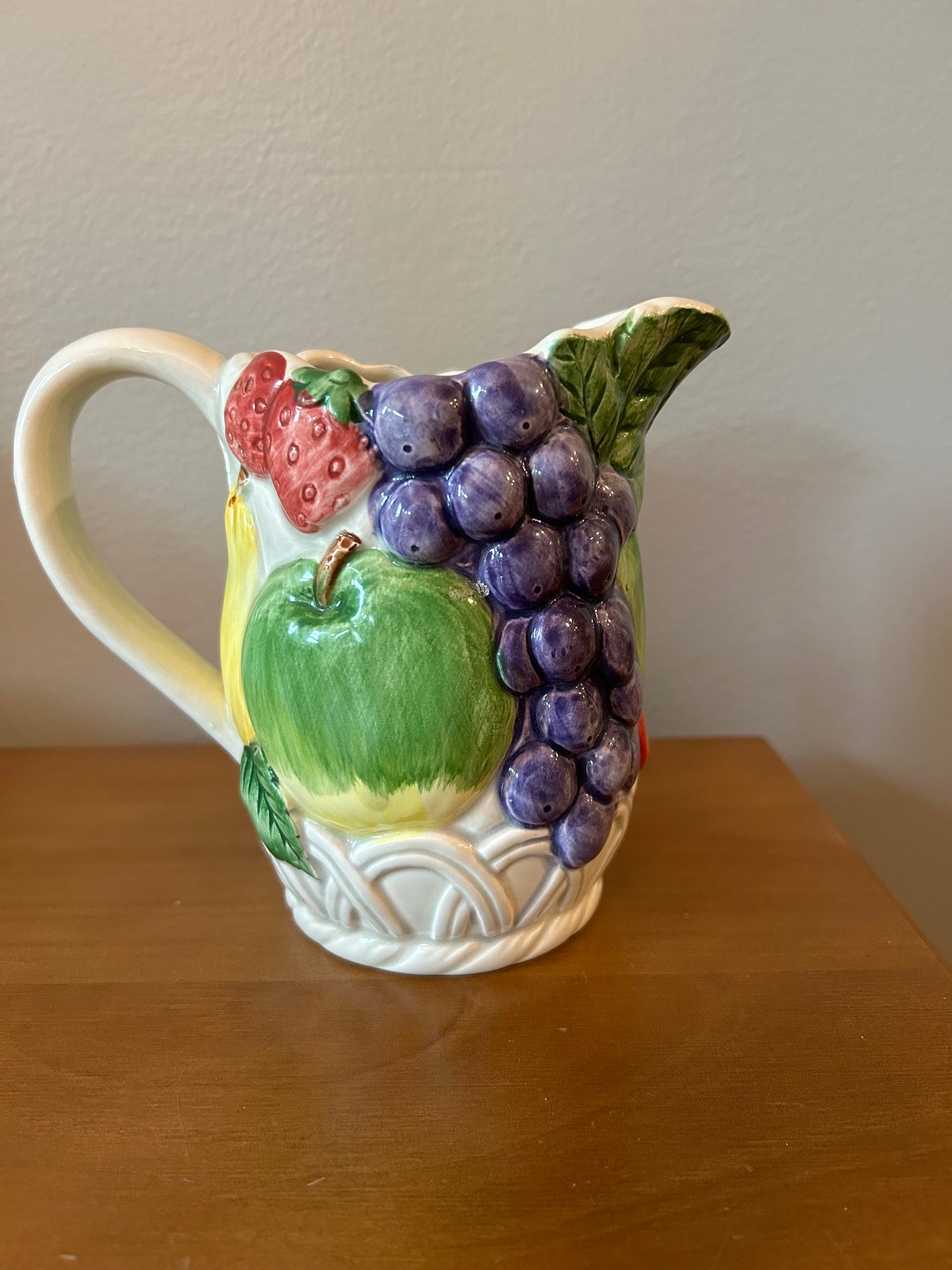 Otagiri Majolica Quart Pitcher, Hand Painted Fruit