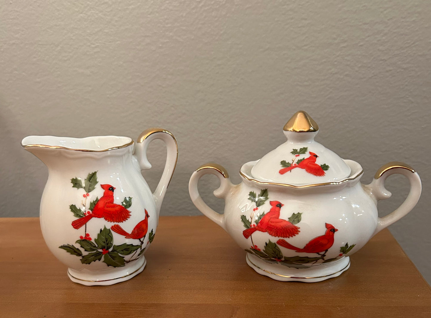 VTG Lefton Red Cardinal Holly Sugar Creamer Christmas Set Japan Bone China