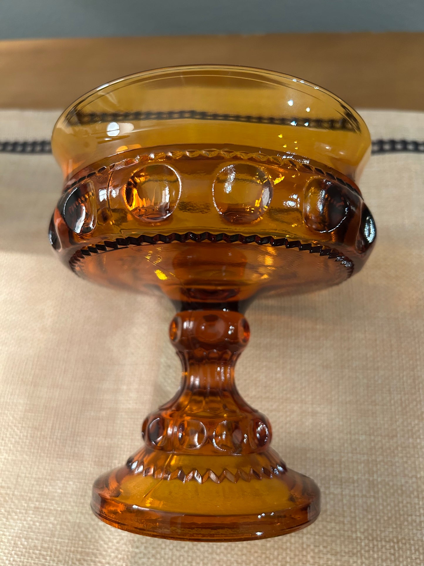 VTG Indiana Amber Glass Thumbprint Kings Crown Compote Candy Dish Bowl