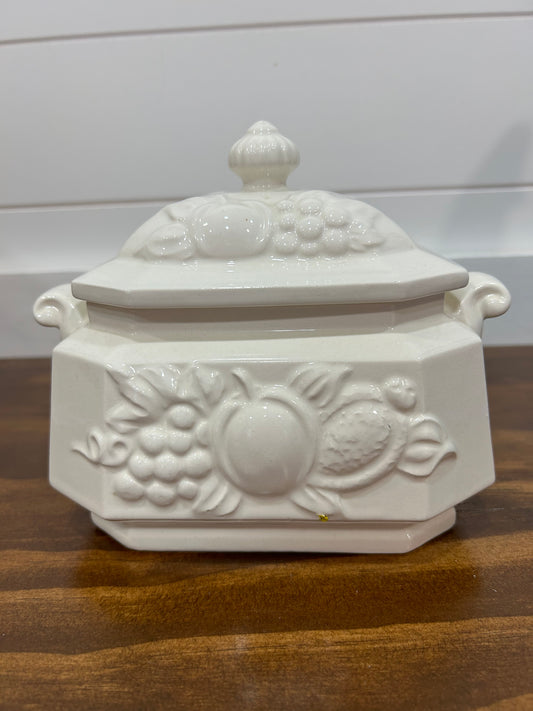 Vintage White Apple Grape Leaf Condiment Gravy Tureen With Lid Spoon Japan