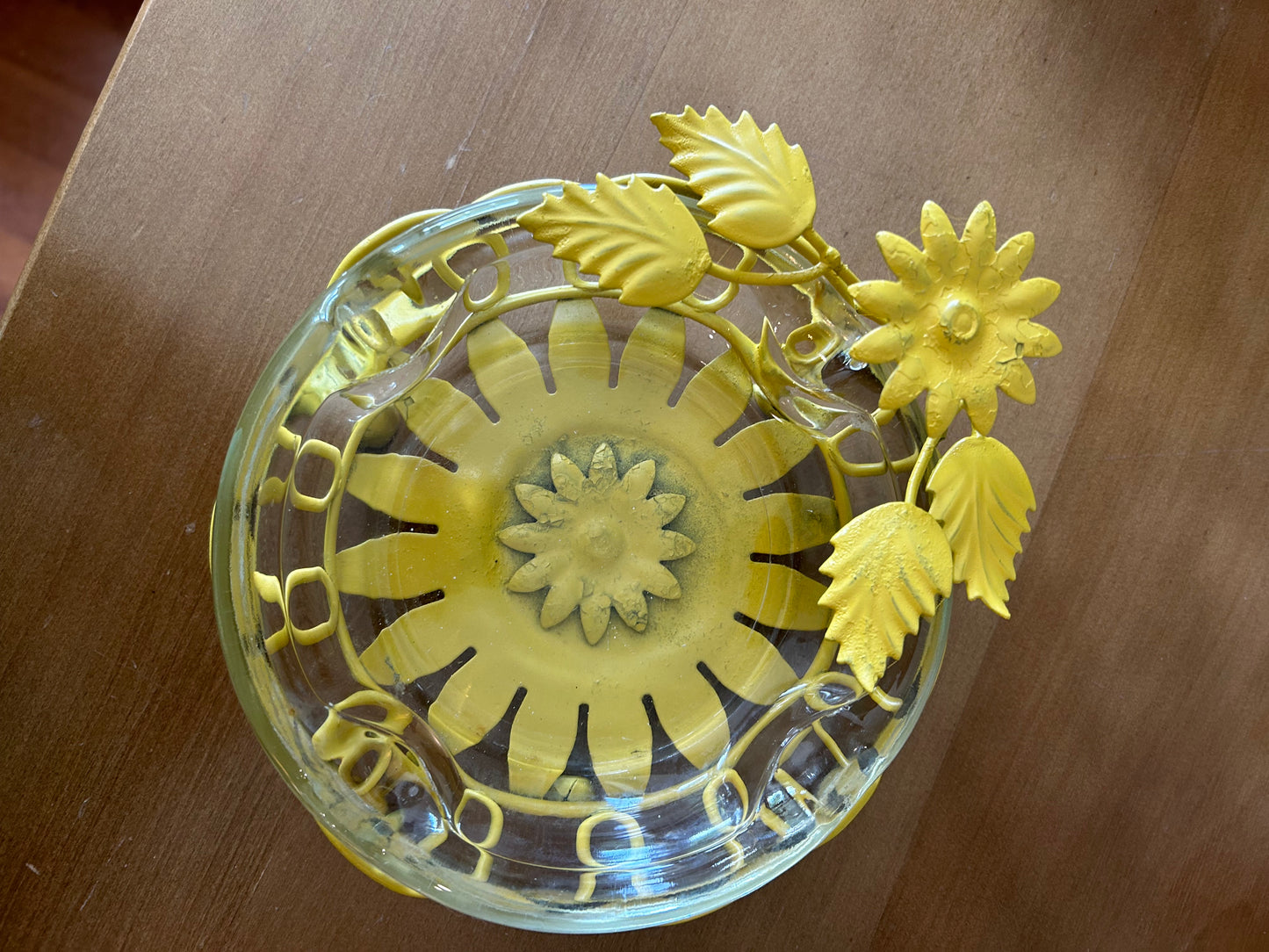 Glass Ashtray With Metal Sunflower Holder Made In The 60s