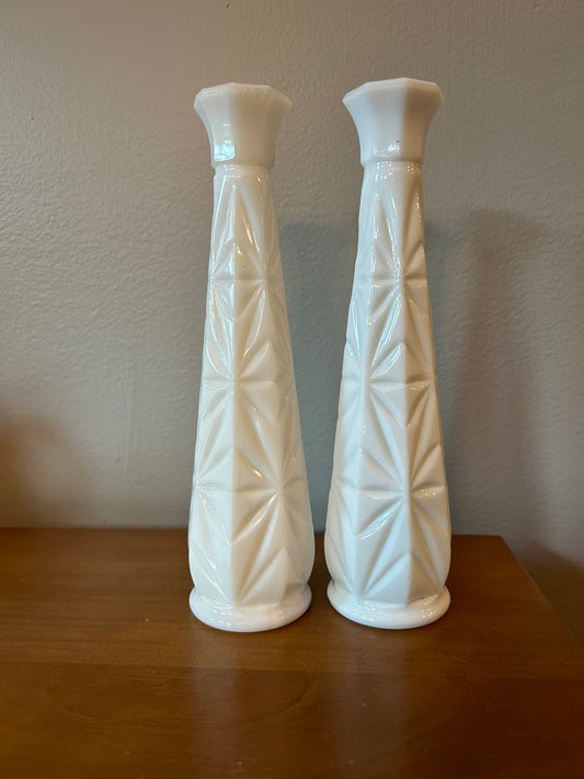 Set of 2 Vintage Starburst White Milk Glass Vase or Candlestick Holders MCM