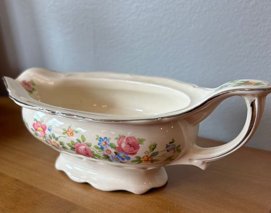 Vintage Edwin M Knowles China Co Gravy Boat Made In USA Silver Trim