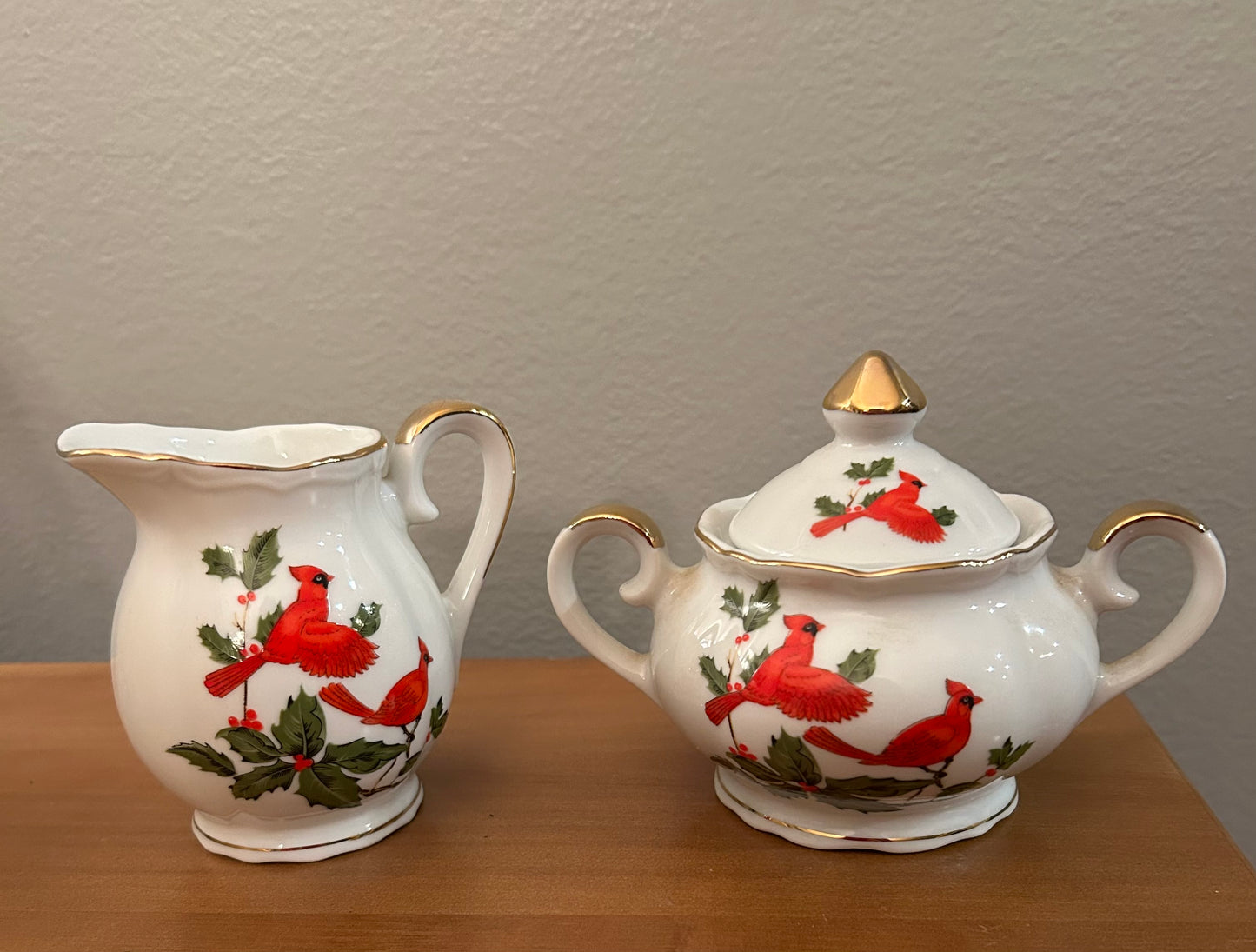 VTG Lefton Red Cardinal Holly Sugar Creamer Christmas Set Japan Bone China