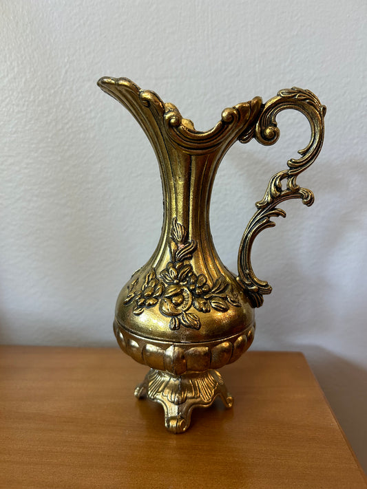 Italian Ornate Brass Pitcher 7”Tall Embossed Floral Design Footed Made In Italy